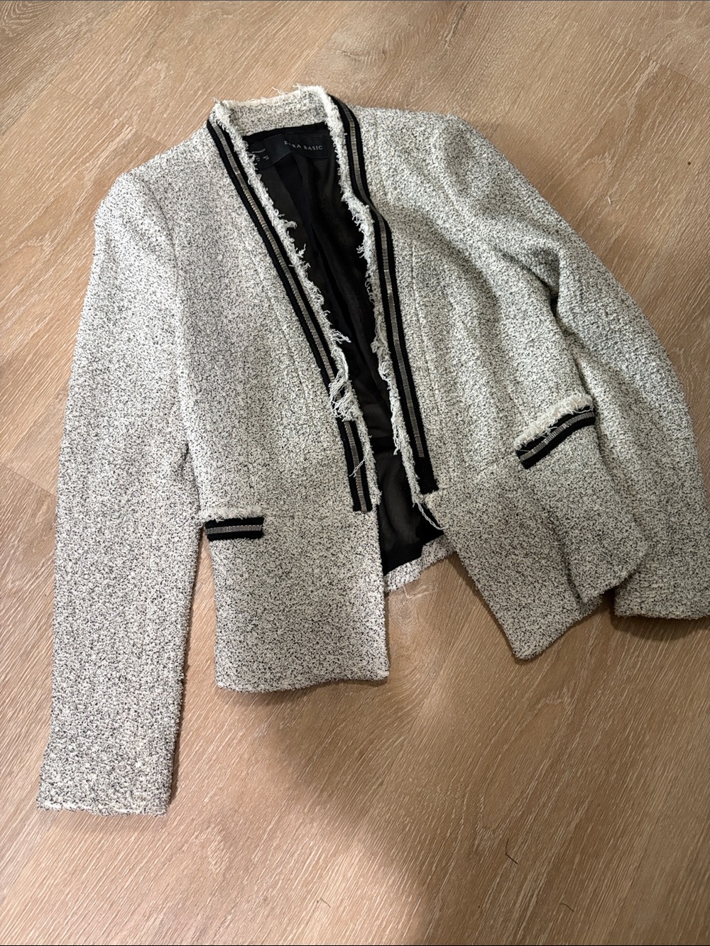 Zara Cream and Black Tweed Frayed Open-Front Blazer